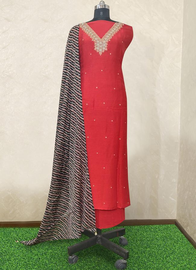 Silk Red Traditional Wear Hand Work Salwaar Suit
